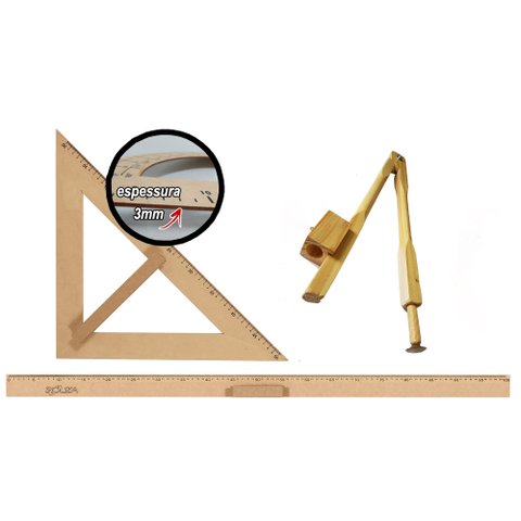 Kit Geométrico do Professor Mdf Com Régua 1 Metro 1 Compasso Para Quadro Branco 40 cm e Esquadro 45