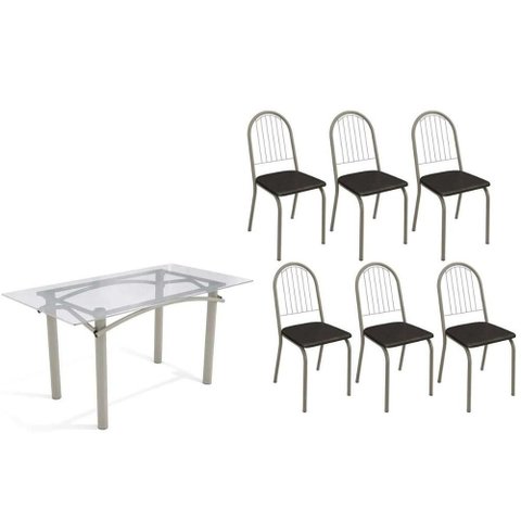 Sala de Jantar Completa Elba C/ Tampo de Vidro 150cm e 6 Cadeiras Noruega Niquel - Courano Preto -