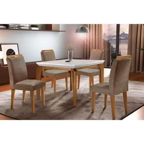 Conjunto: Mesa Sala Jantar Londrina Tampo Madeirado c/ Vidro 120cm + 4 Cadeiras Athenas Imbuia/