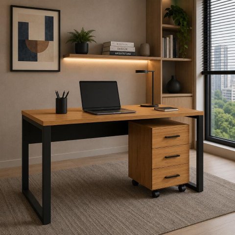 Mesa Escritório Escrivaninha Industrial 120cm x 60cm e Gaveteiro 03 Gavetas 100% MDF F5 Office Cor: