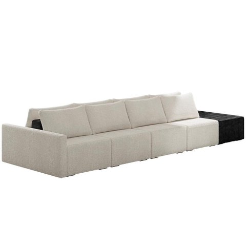 Sofá Ilha Modular para Sala 392cm com Puff Dublin K01 Bouclê Creme e Sintético Preto - Lyam Decor