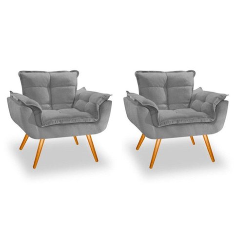 Kit 2 Poltronas Decorativa Opalla Sala de Estar Consultorio Clinica Suede Cinza - Decor Elity