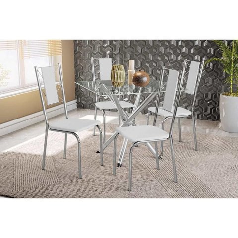 Conjunto: Mesa de Cozinha Volga C/ Tampo de Vidro 90cm e 4 Cadeiras Lisboa Cromada - Courano Branco