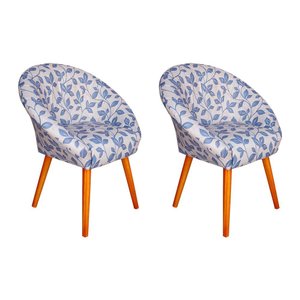 Kit 2 Poltronas Decorativa Canastra Estofada Veludo Floral Azul Pés em Madeira Maciça