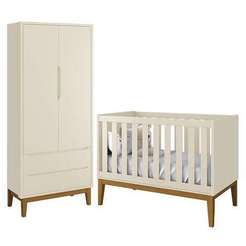 Jogo de Quarto Infantil Guarda Roupa 2 Portas e Berço Classic Areia Fosco com Pés Amadeirado -
