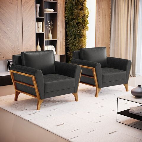 Kit 2 Poltronas Sabrina de Madeira Maciça com Almofada Courino Preto 503