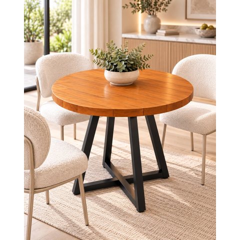 Mesa de Jantar Redonda 60cm em Madeira Maciça e Pé de Ferro 3 Lugares