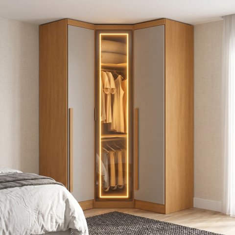 Guarda-Roupa Modulado de Canto Oblíquo Reflecta com LED 3 Portas 100% MDF Cairo