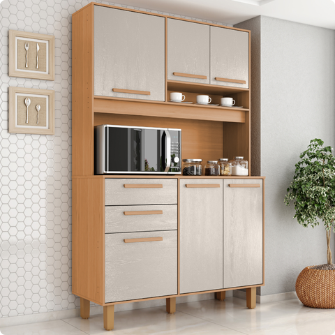 Kit Prime Armário para Cozinha 6 Portas 2 Gavetas (1,20 m) Marrom/Cinamomo/Areia
