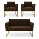Ver imagem 1 de Kit 1 Sofá Namoradeira e 2 Poltronas Elisa Suede Marrom Base Metálica Industrial Dourada - D'Rossi