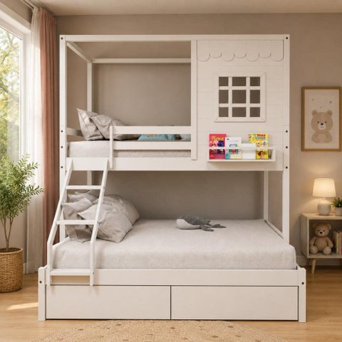 Beliche Infantil Casinha Reta Casal/ Solteiro com 02 Gavetas Madeira Maciça Branco Megamobilia
