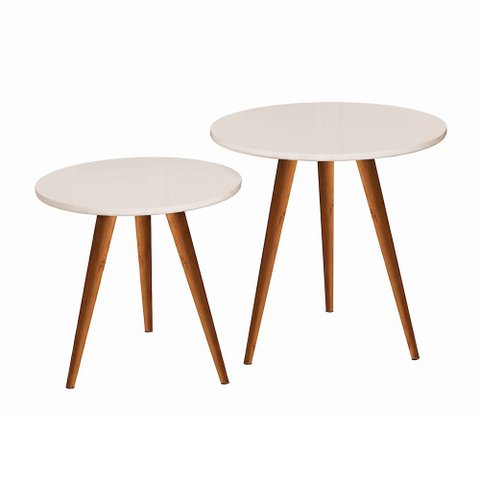 Conjunto Mesa Lateral Rubi Tampo Redondo Kit 2 Mesas Pés Palito para Sala de Estar Sofá - Off-white