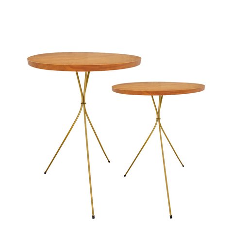 Kit 2 Mesinhas Laterais Alta e Baixa Dourado Redondas Pé Palito Minimalista Industrial Metal Madeira