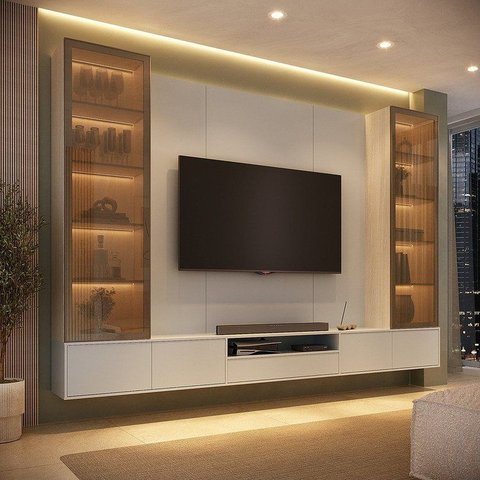 Rack com Painel TV até 75 Polegadas 2 Cristaleiras LED e Portas Reflecta 100% MDF 270CMX217CM Astro