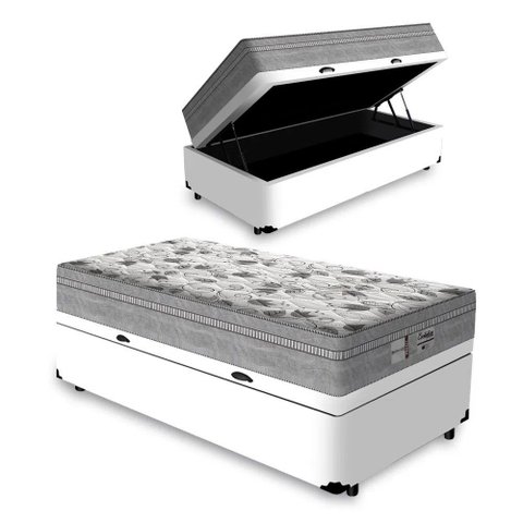 Cama Box com Baú Solteiro + Colchão de Molas Ensacadas - Probel - Evolution 88x188x74cm:branco