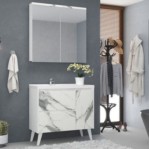 Gabinete de Banheiro 90cm com Lavatório e Armário Ref 910 Cewal - Branco/thassos