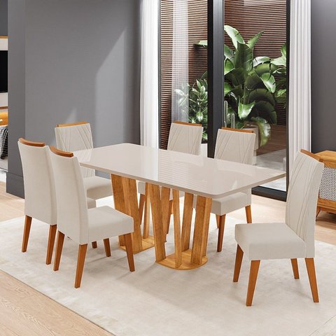 Conjunto Sala de Jantar 6 Lugares Tampo de Vidro MDF Espacio Yescasa Bege/Mel/Off White