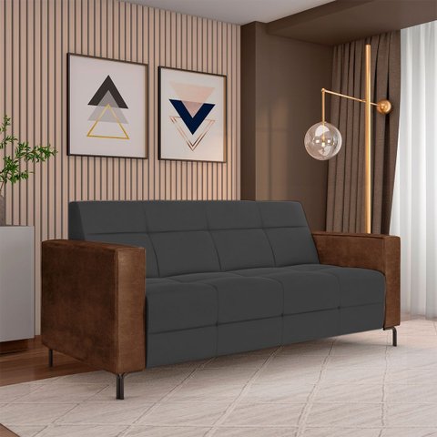 Sofá Living Decorativo Houston 2 Lugares 200cm Pés em Metal Veludo/ Pu Grafite/ Marrom G33 - Gran Be