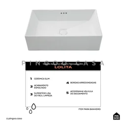 Cuba de Apoio para Banheiro Retangular Slim Louça Cerâmica 60 Cm Lolita Pingoo.casa - Branco - 3