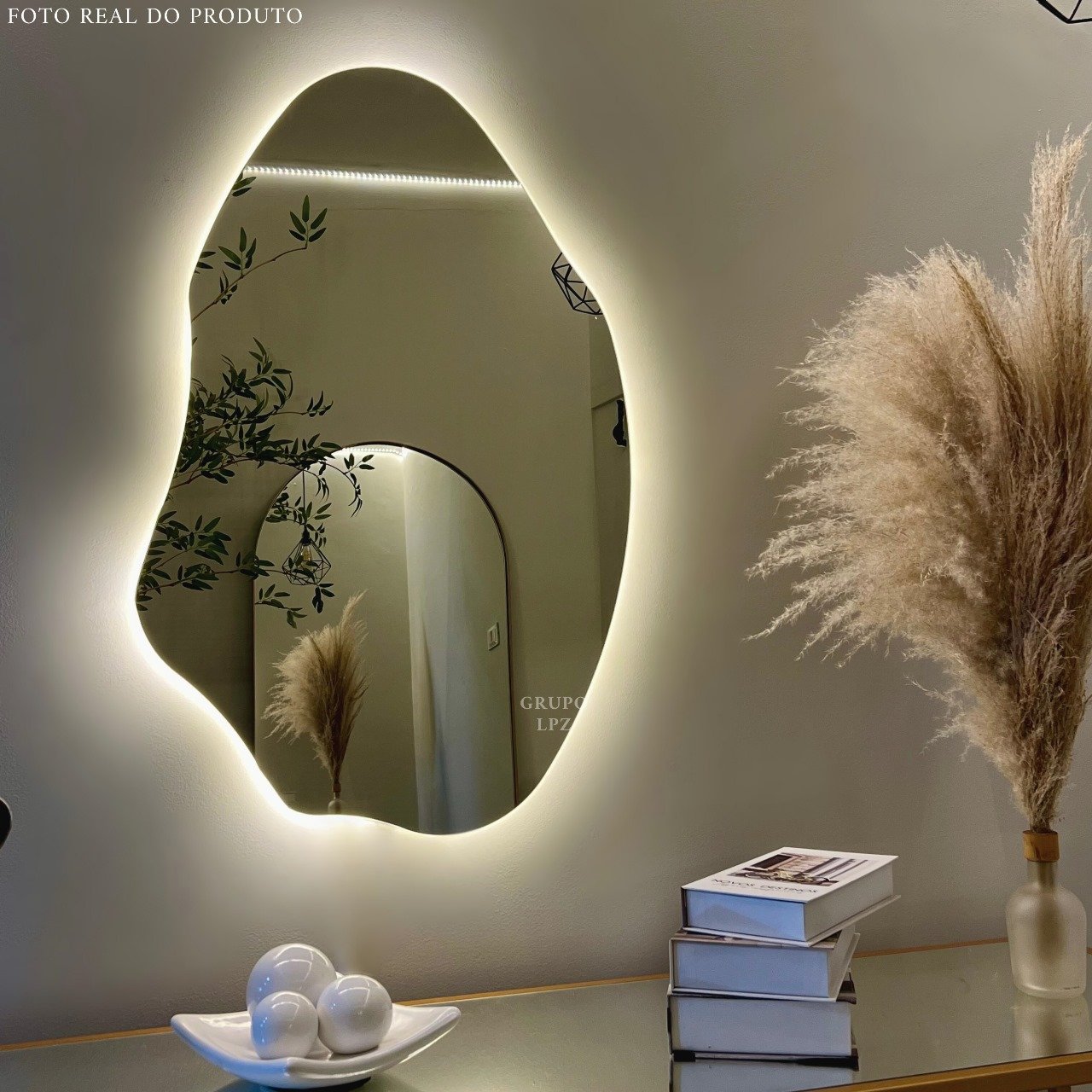 Espelho Grande Orgânico Lapidado Decorativo Sala Hall Parede 70x50 Cm Moderno com Led 3000k - 1