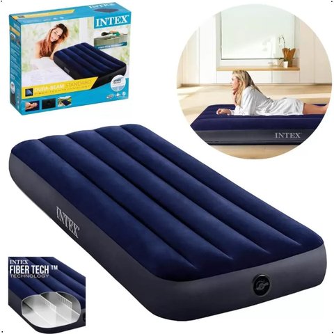 Colchão Ar Inflável Intex Solteiro Dura Beam Fiber Tech Acampanhar Visita
