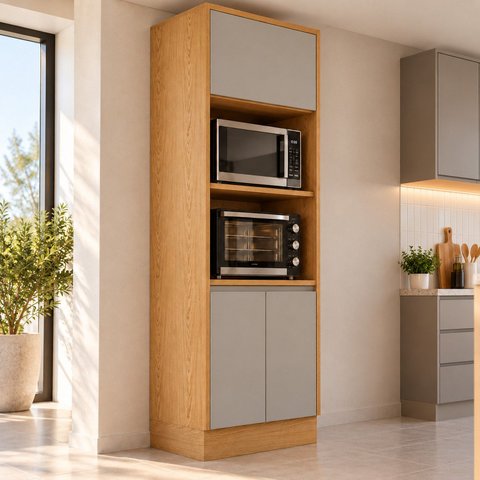 Paneleiro Duplo Torre Quente 100% MDF para Forno e Micro-Ondas 2 Nichos Áurea Cinamomo/Fendi