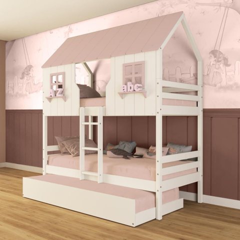 Treliche Casinha Encantada Madeira Maciça Branco/ Rosa Megamobilia