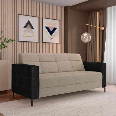 Sofá Living Decorativo Houston 2 Lugares 160cm Pés em Metal Linho/ PU Bege Escuro/ Preto G33 - Gran 