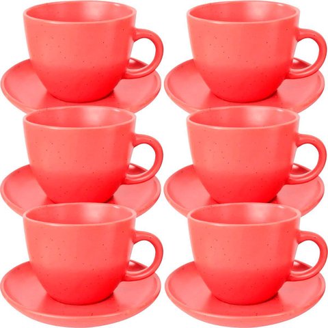 Conjunto 12pçs Xícaras com Pires Vermelho em Cerâmica 210ml