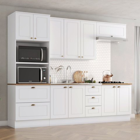 Cozinha Compacta 5 Peças 100% MDF com Torre Quente 2 Fornos e Tampo para Cooktop Americana Branco/Nature