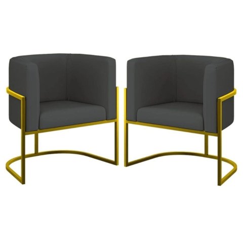 Kit 2 Poltronas Decorativa Luxo Base de Metal Dourada Escritório Recepção Sala Suede Grafite Eli Móv