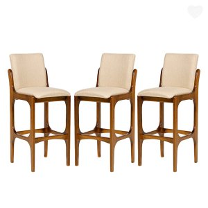 Kit 3 Banquetas Alta com Encosto Lisboa Madeira Imbuia Linho Bege M58 Rmi