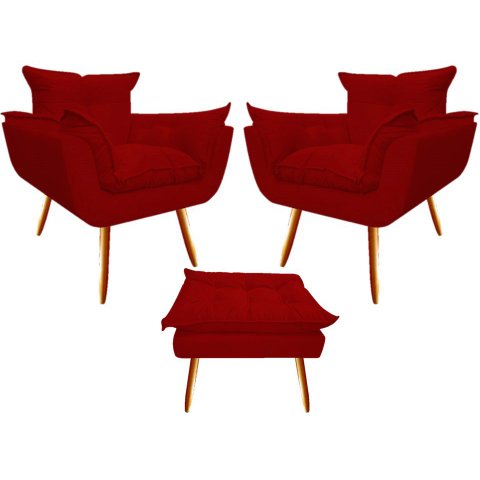 Kit 2 Poltronas + Puff Decorativo Opala Suede Vermelho Pés Madeira Mz Decor