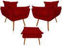 Ver imagem 1 de Kit 2 Poltronas + Puff Decorativo Opala Suede Vermelho Pés Madeira Mz Decor