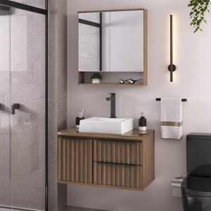 Conjunto Ripado para Banheiro Cecília 60cm Suspenso Fabribam - Gabinete, Espelheira e Cuba Quadrada