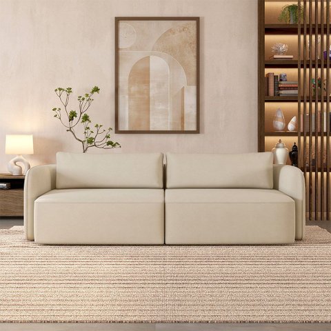 Sofá Living Sala de Estar Abel 220cm Bipartido Pés de Madeira Veludo Bege Claro G33 - Gran Belo
