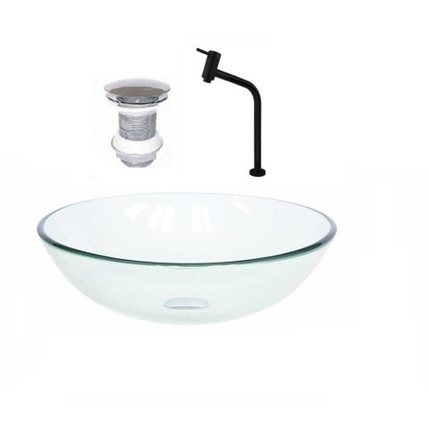 Cuba de Vidro Redonda 35cm + Valvula + Torneira Preta