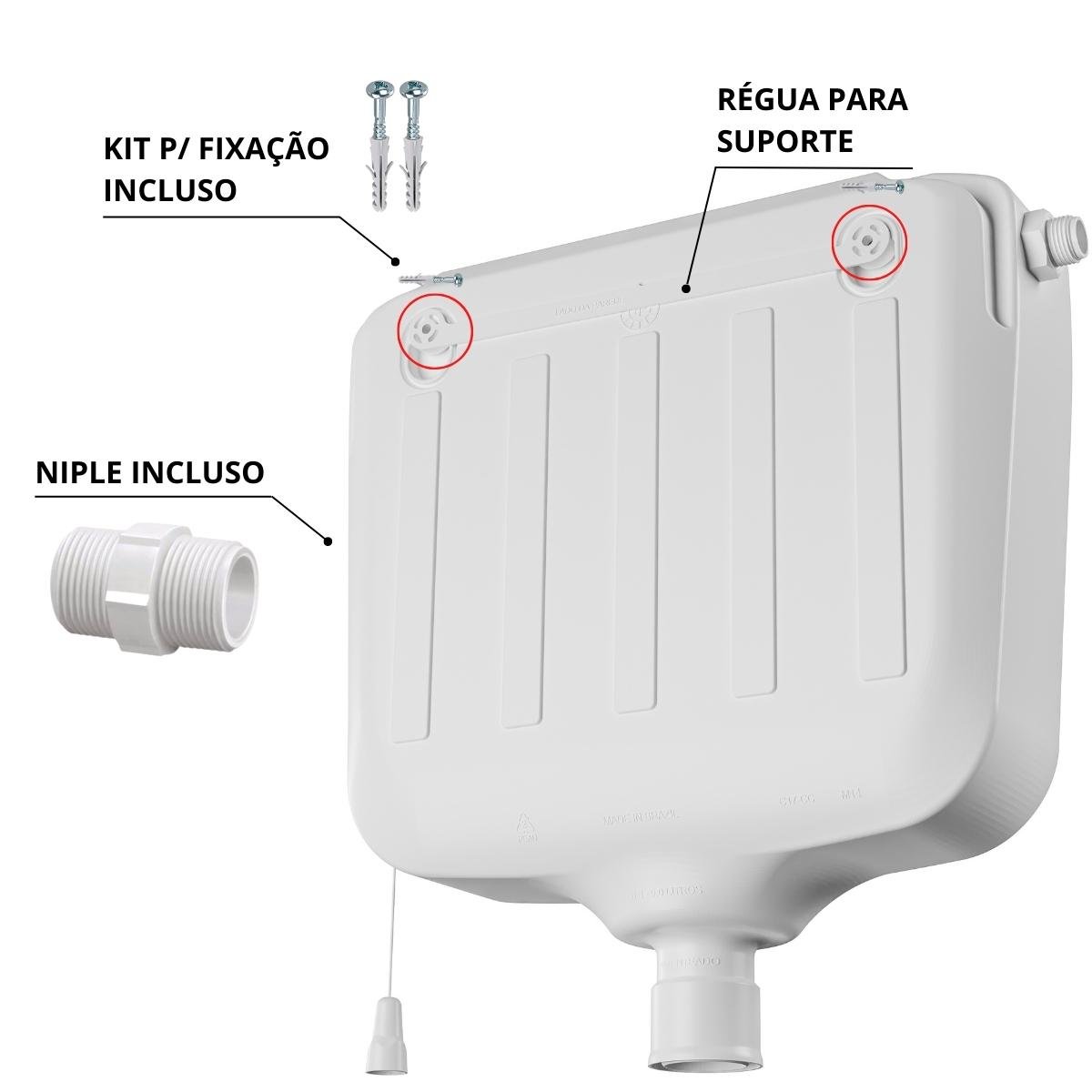 Caixa de Descarga Elevada de 6,8 À 9l Branca + Tubo de Descida + Espude + Engate + Fita Veda Rosca - 7