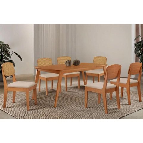 Conjunto: Mesa Sala Jantar Havana Tampo Curvo 180cm+6 Cadeiras Havana Naturale - Suede Creme -