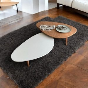 Kit 2 Mesas de Centro Orgânicas Pés Palito em Madeira Branco e Mel