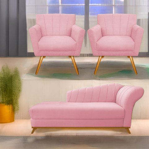 Kit Diva Recamier Vanessa 160cm Lado Esquerdo e 02 Poltronas Laura Suede - Doce Sonho Móveis RECAMIE