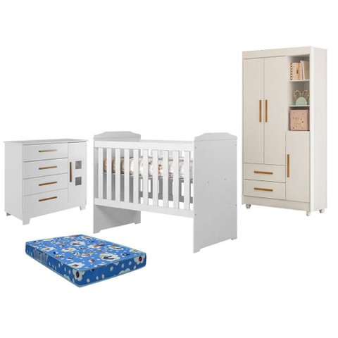 Guarda Roupa Flocos com Cômoda Fly e Berço Americano Carinho Branco Acetinado Colchão Americano Orto