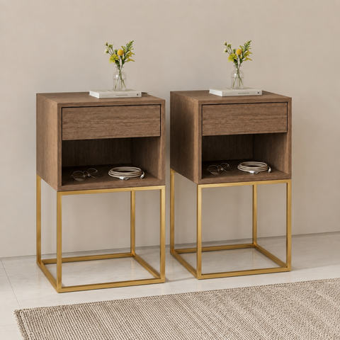 Kit 2 Mesas de Cabeceira Estilo Industrial MDF e Base de Aço Resistente Freijó/Dourado Lh Móveis