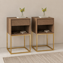 Ver imagem 1 de Kit 2 Mesas de Cabeceira Estilo Industrial MDF e Base de Aço Resistente Freijó/Dourado Lh Móveis