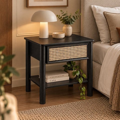 Mesa de Apoio com Gaveta Ratan Nature Laminada Ébano