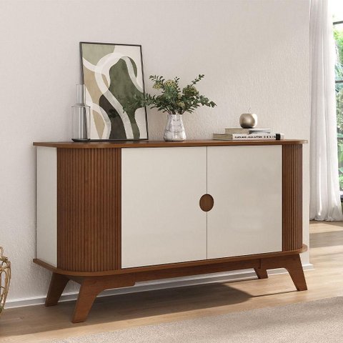 Aparador Buffet para Sala de Jantar 2 Portas 140cm Orgânico Ripado Bach A05 Cinamomo Off White -