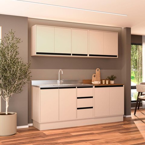 Cozinha Koya 4 Peças 200x214cm Armários Aéreos Balcões com 3 Gavetas e Rodapé Creme 250034