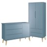 Jogo de Quarto Infantil Theo Guarda Roupa 2 Portas e Cômoda Azul Fosco com Pés Madeira Natural - Rel - 1