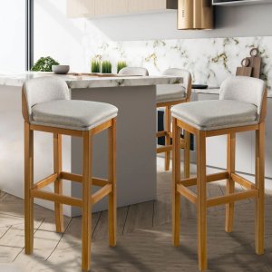 Banqueta Ônix Alta Estofada em Linho com Detalhe em Corino Marrom