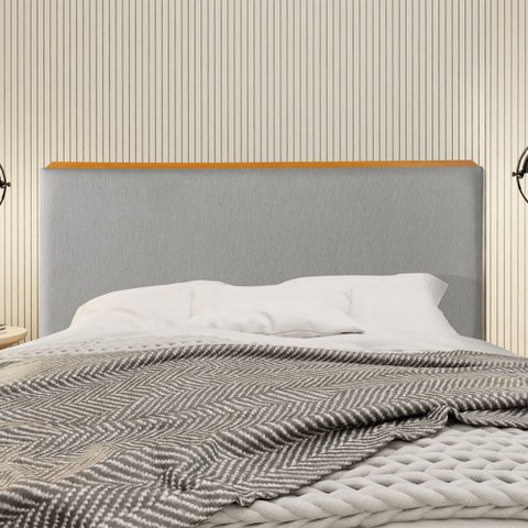 Cabeceira Cama Box King 1,93m Estofada Detalhe em Madeira Java Linho Cinza